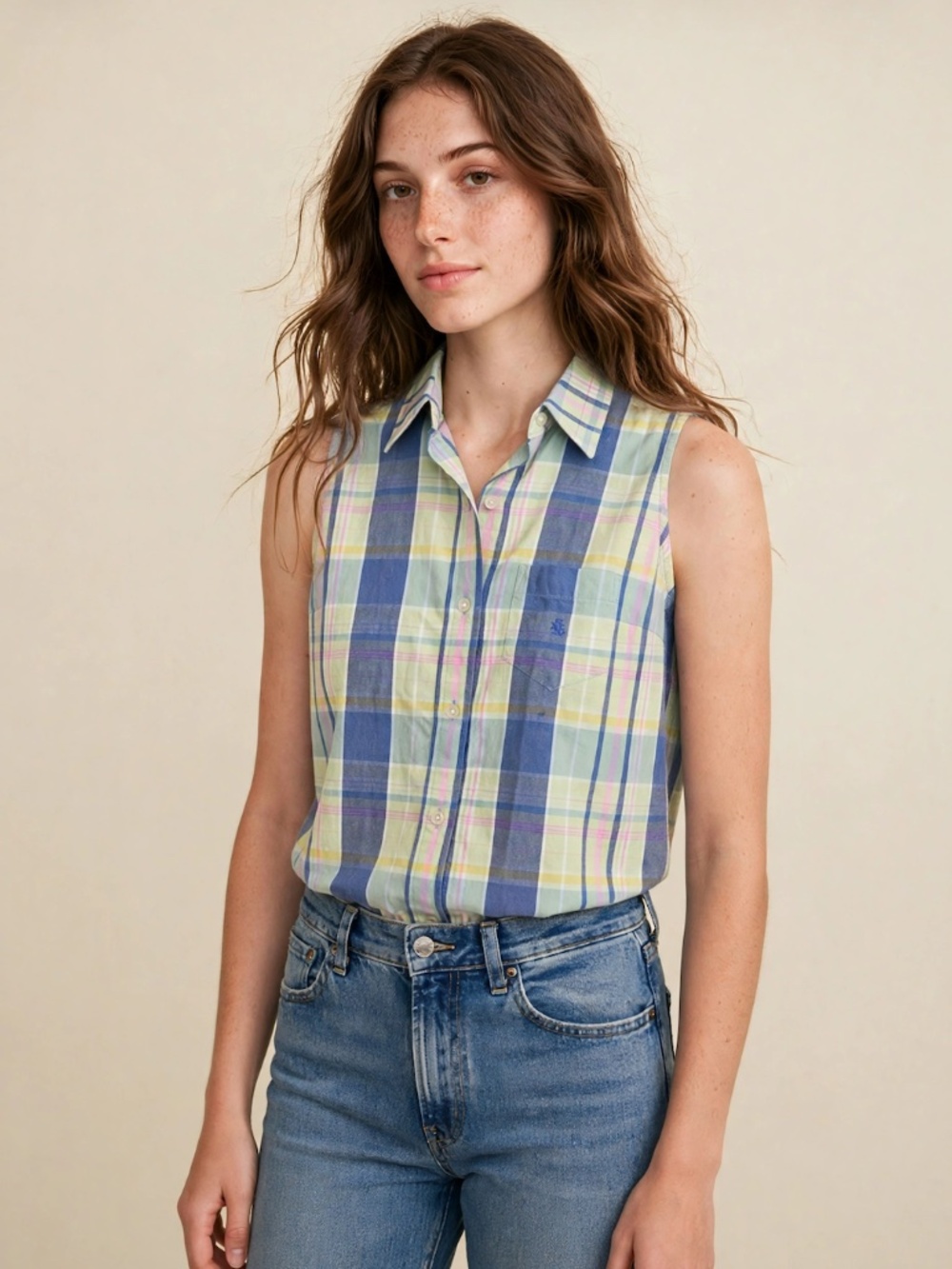 Vintage Ralph Lauren Plaid Sleeveless Button-Down Shirt in Madras Y2K